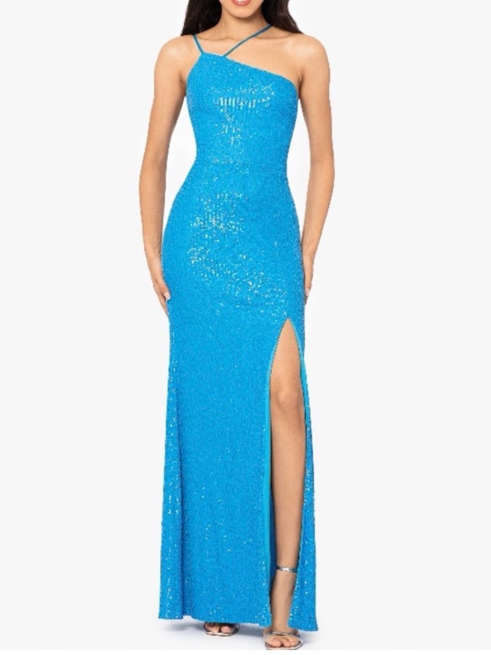 Xscape Blue Allover Sequins Sequined Asymmetric Neck Sleeveless Gown Prom Dress